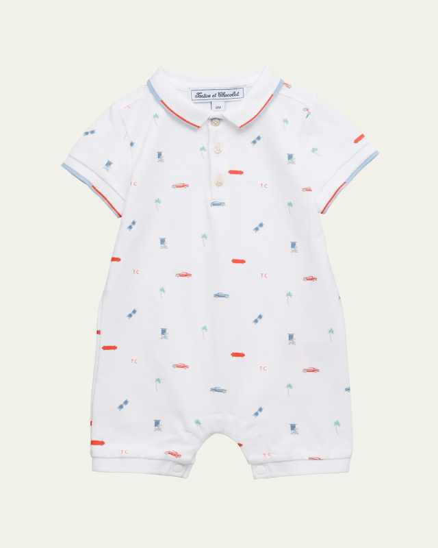 Boy's Polo Short-Sleeve Printed Cotton Jumpsuit, Size Newborn-4